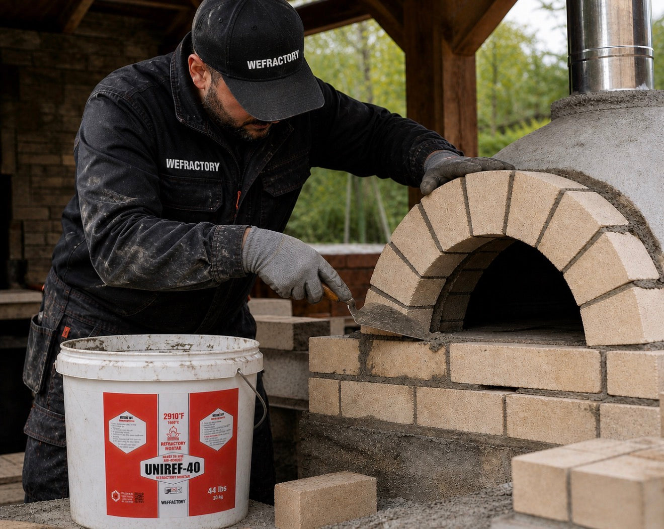 UNIREF-40 44 lb refractory mortar bucket being used on a brick oven