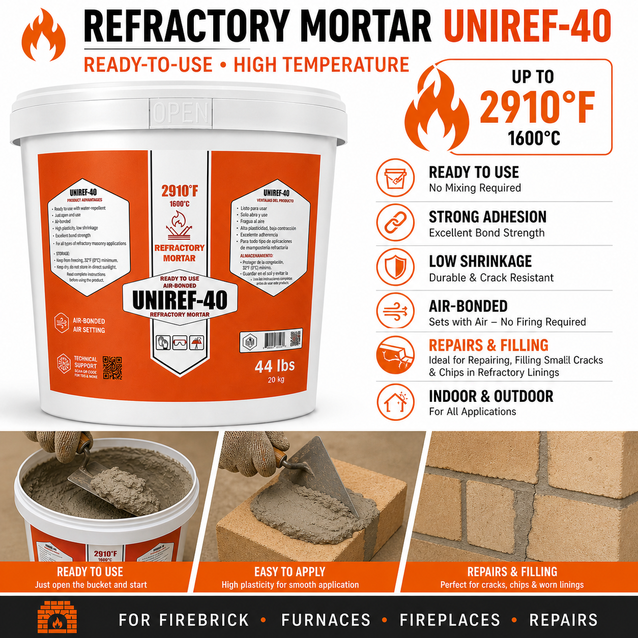 UNIREF-40 44 lb ready-to-use refractory mortar features and applications